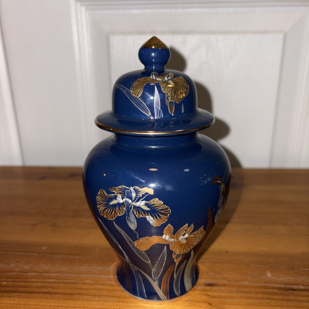 Navy Blue And Gold Ginger Jar with Gold Irises Japan 6"